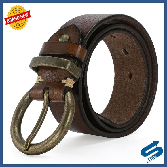1.5 Inch Leather Belt with Large Brass Buckle - Vintage Style